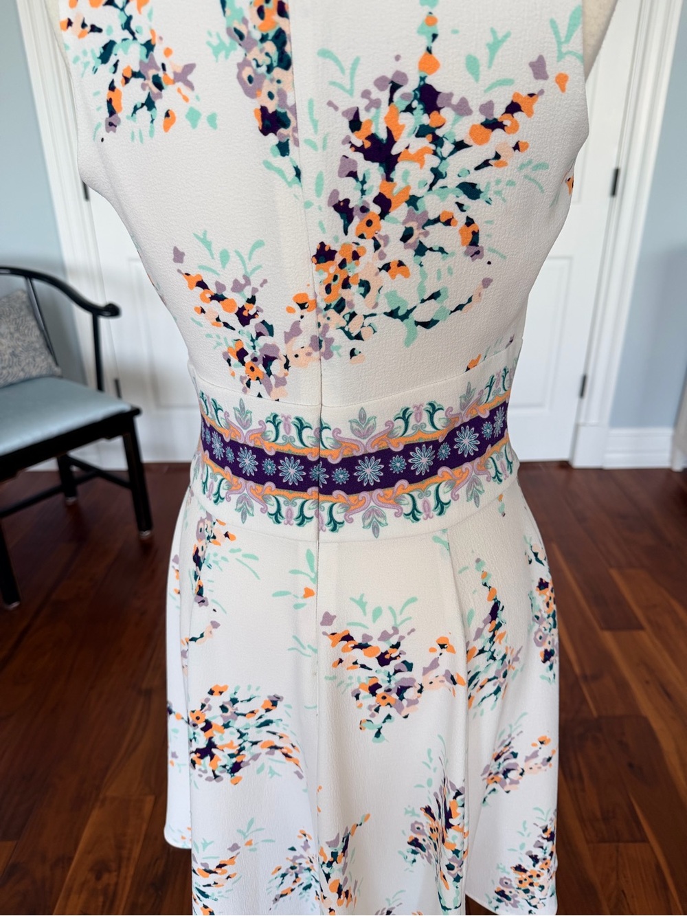 Floral Fit-and-Flare Dress in Cream with Purple Accents